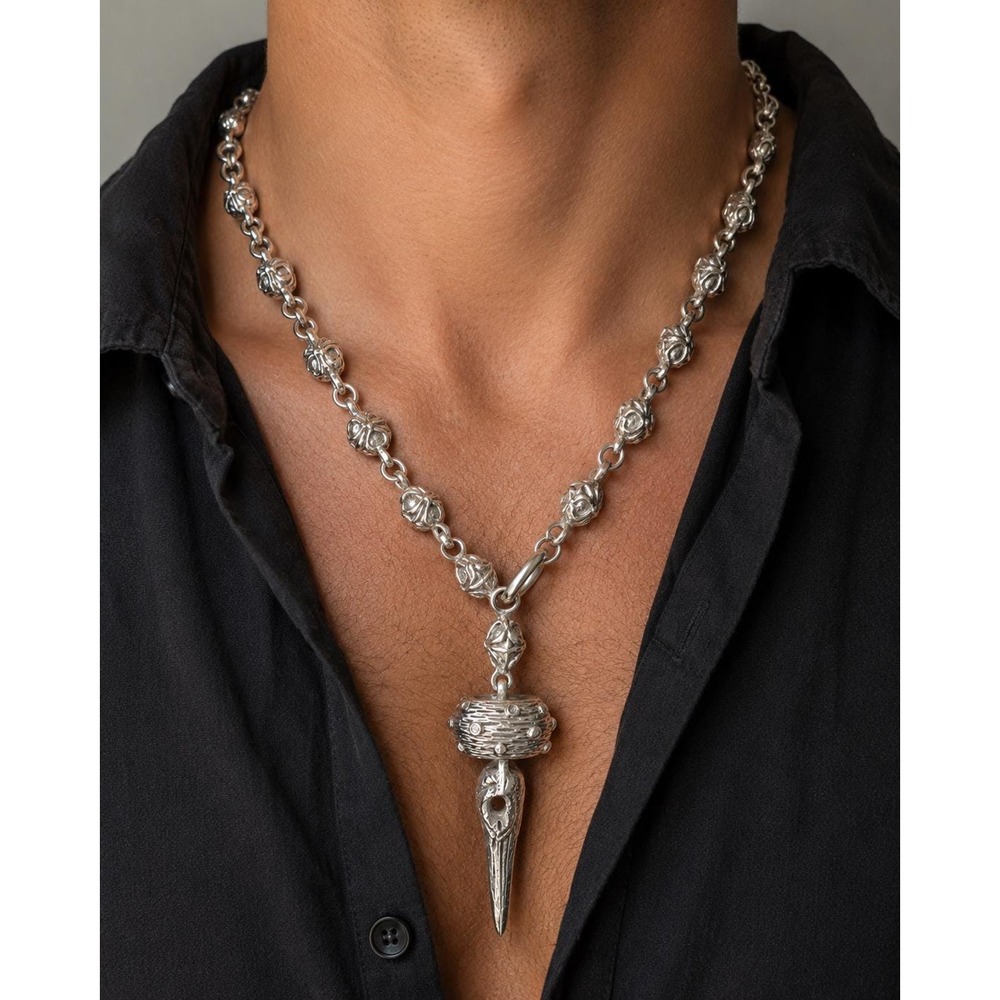Heavy 210g Sterling Silver Skull Necklace 20" Gothic Handmade Skeleton Pendant..